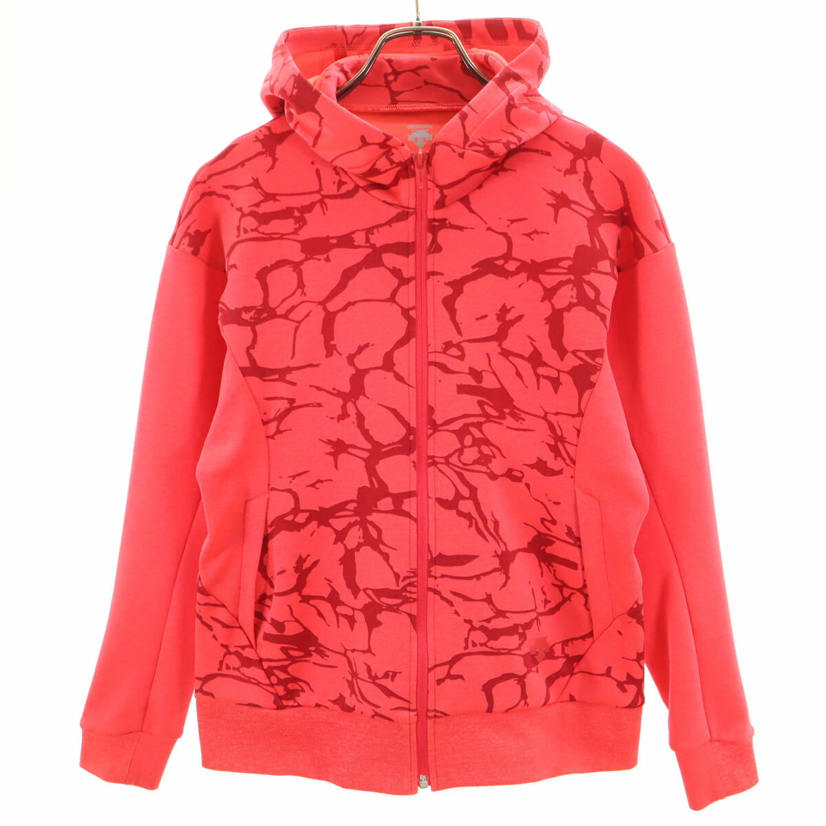 Rakuten - 古着 DESCENTE デサント 総柄 長袖 ジップパーカー L ネオンレッド レディース 【中古】