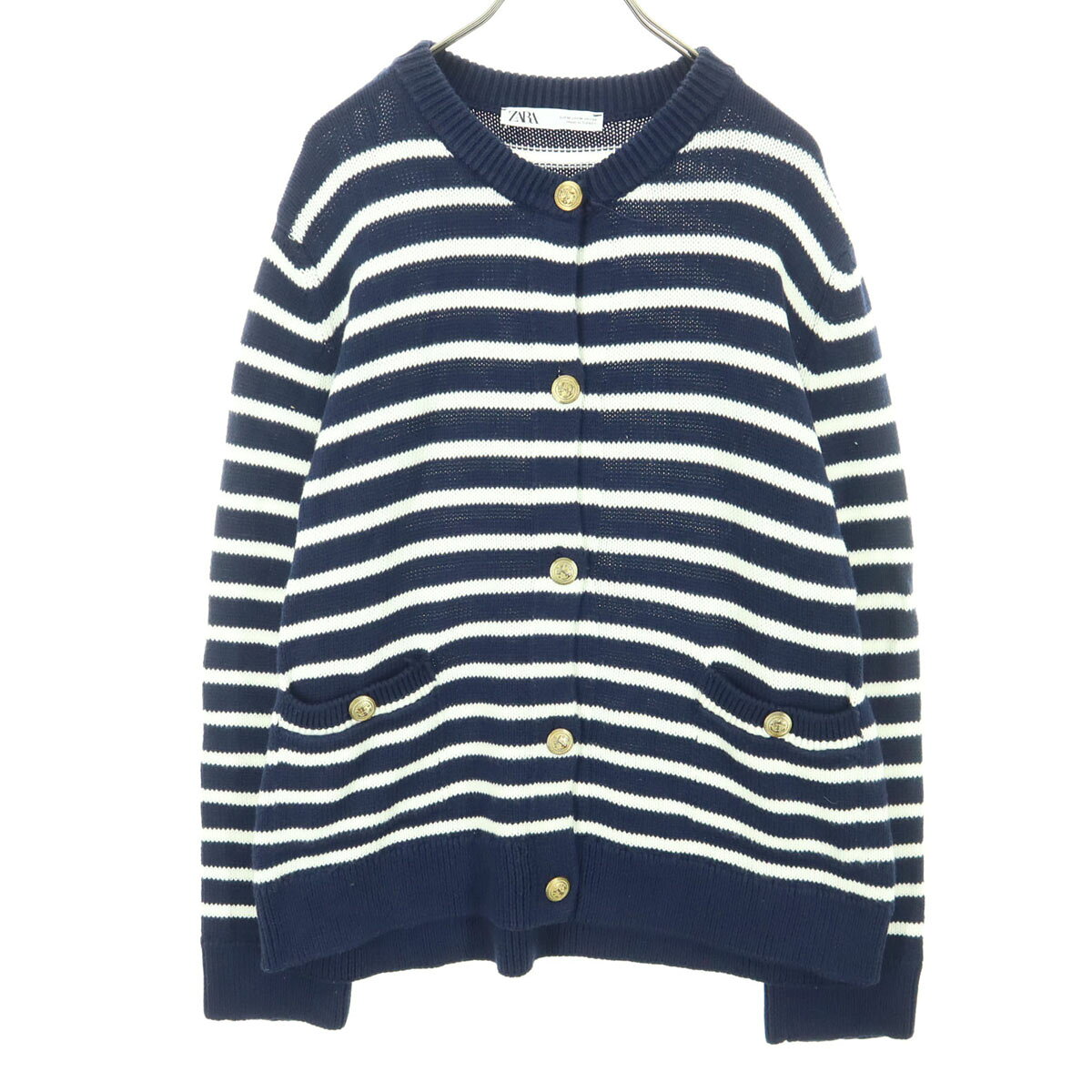 乐天商城 - 古着 美品 ZARA ザラ ボーダー柄 長袖 コットン ニットカーディガン M ネイビー系 レディース 【中古】