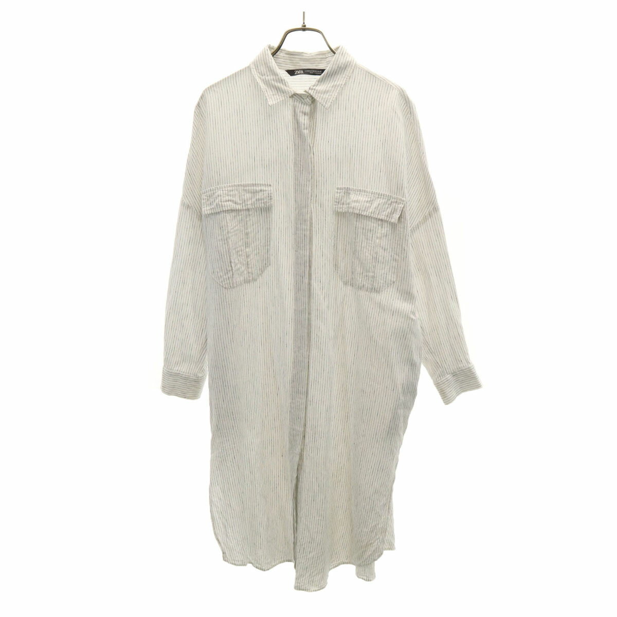 Rakuten - 古着 ZARA ザラ リネンブレンド ストライプ柄 長袖 シャツワンピース XS-S ホワイト レディース 【中古】
