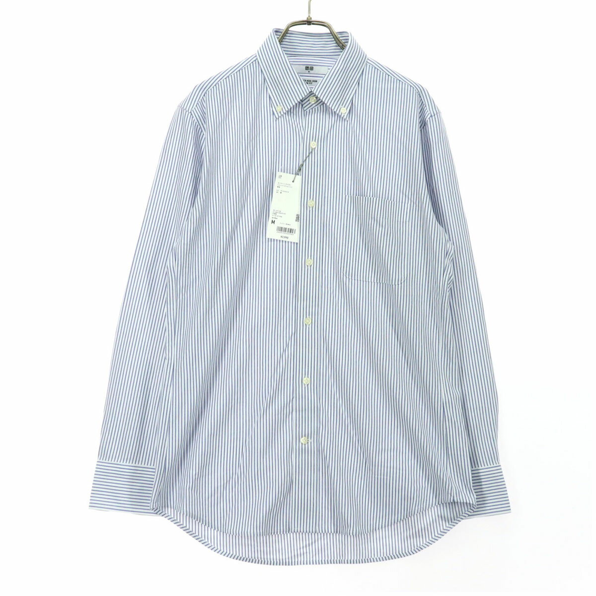 古着 未使用 UNIQLO ユニクロ ストライプ柄 長袖 ボタンダウンシャツ M ブルー カッターシャツ Yシャツ メンズ 【中古】