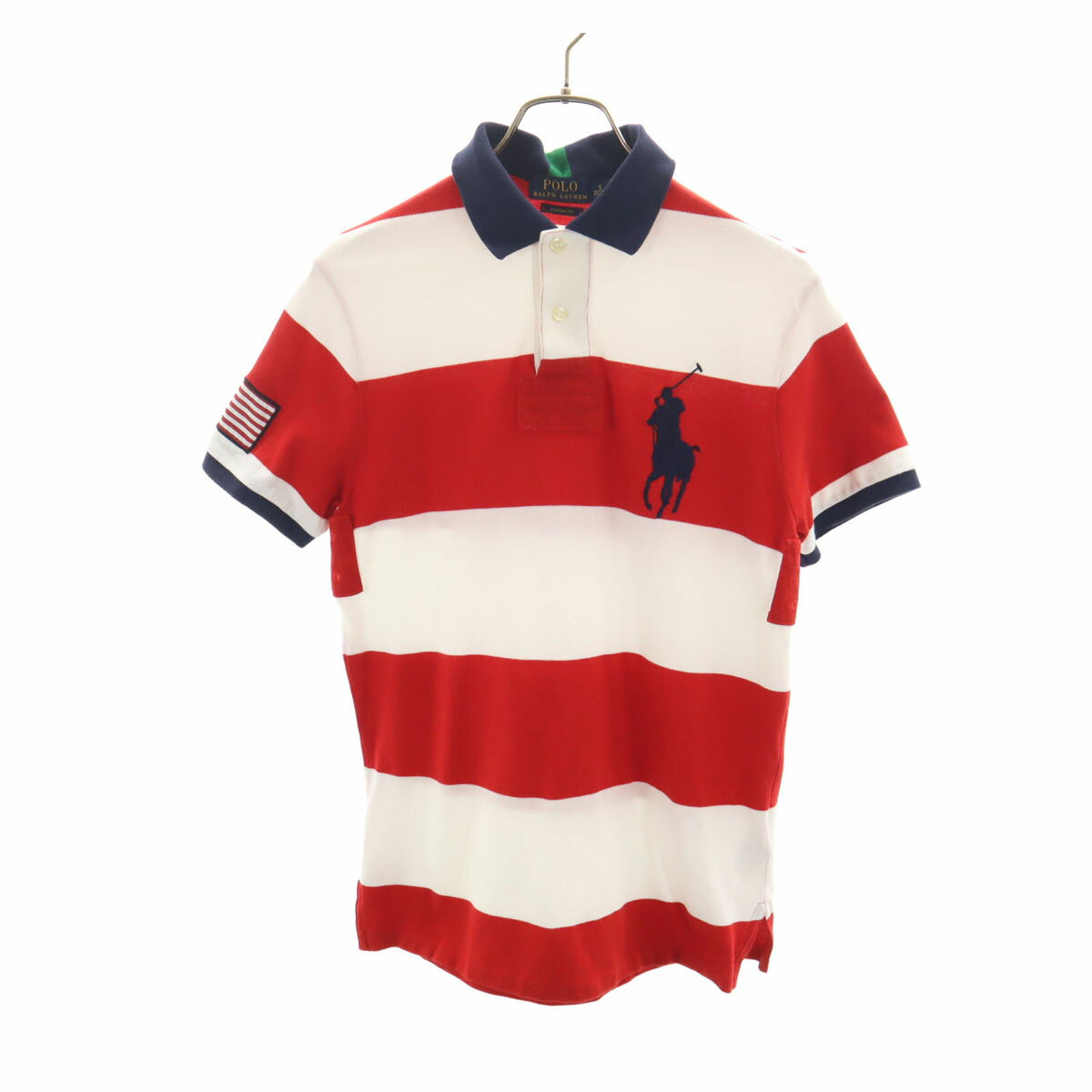 古着 POLO RALPH LAUREN ポロラルフローレン ボーダー柄 ビッグポニー刺繍 半袖 ラガーシャツ S レッド メンズ 【中古】