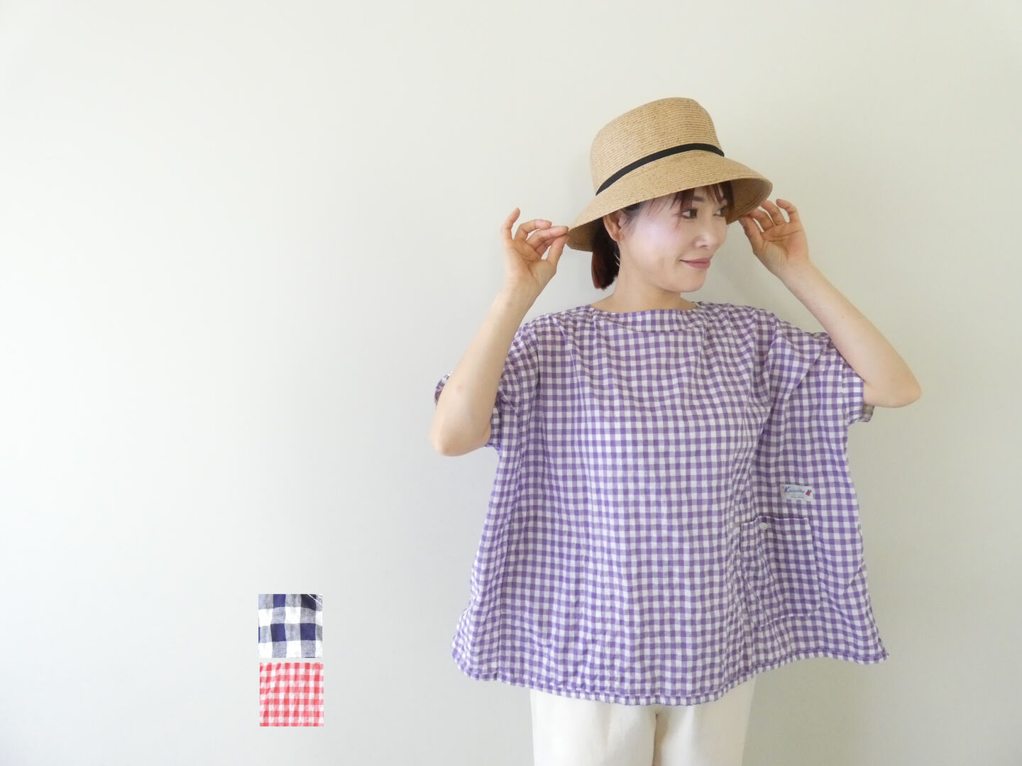 樂天商城 - 快晴堂(かいせいどう) ゆらぎギンガムチェック Wide-Tシャツ(62S-08)