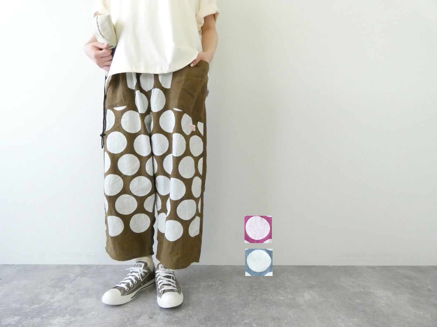 Rakuten - 快晴堂(かいせいどう) Girl's ベルギーリネンの大きな水玉 斜めポケパンツ(61P-20)
