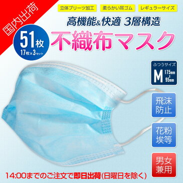 マスク 50枚 +1枚 在庫あり 不織布マスク プリーツマスク ふつうサイズ 大人用 使い捨て 在庫 10枚 100枚 51枚 日本 国内 高密度フィルター ノーズワイヤー ゴム 即出荷 即日出荷 当日出荷 販売 ウイルス 国内発送 3層構造プリーツマスク ブルー
