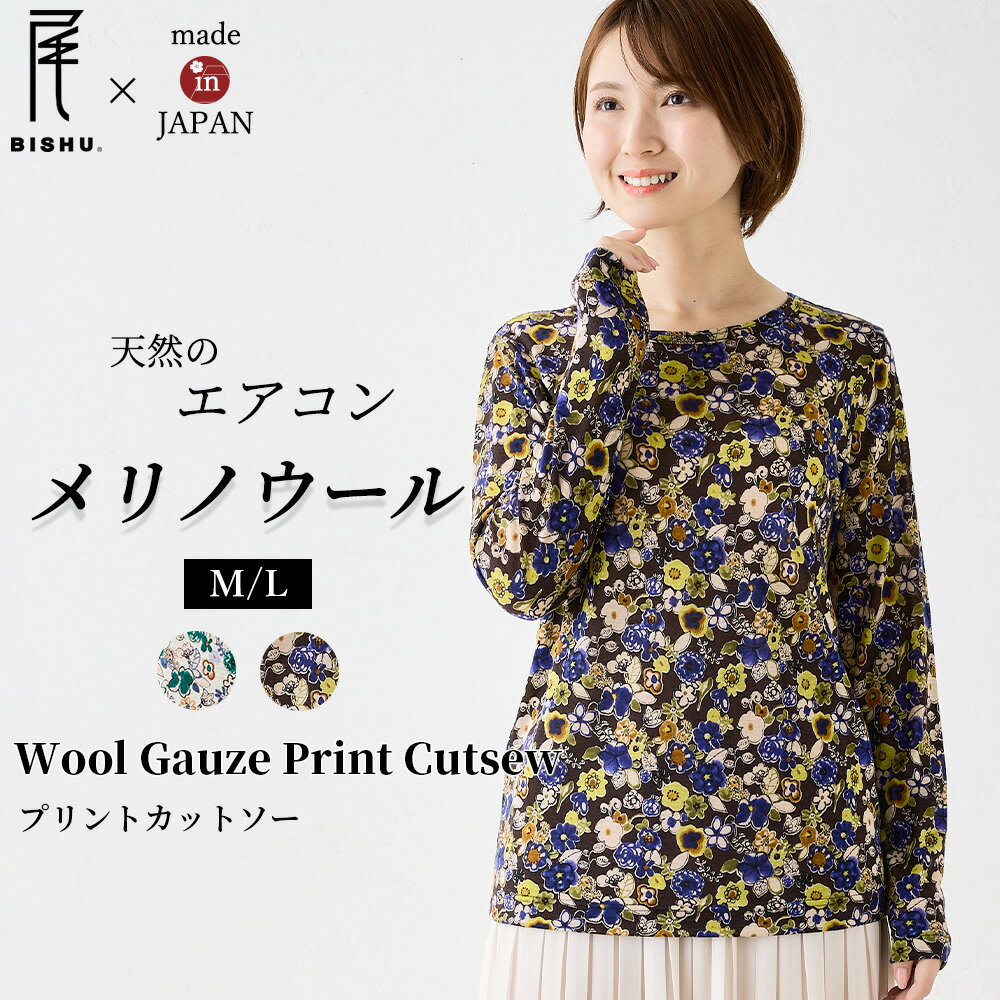 メリノウール クルーネック Tシャツ 長袖 プリント レディース 日本製 インナー ウール100% 