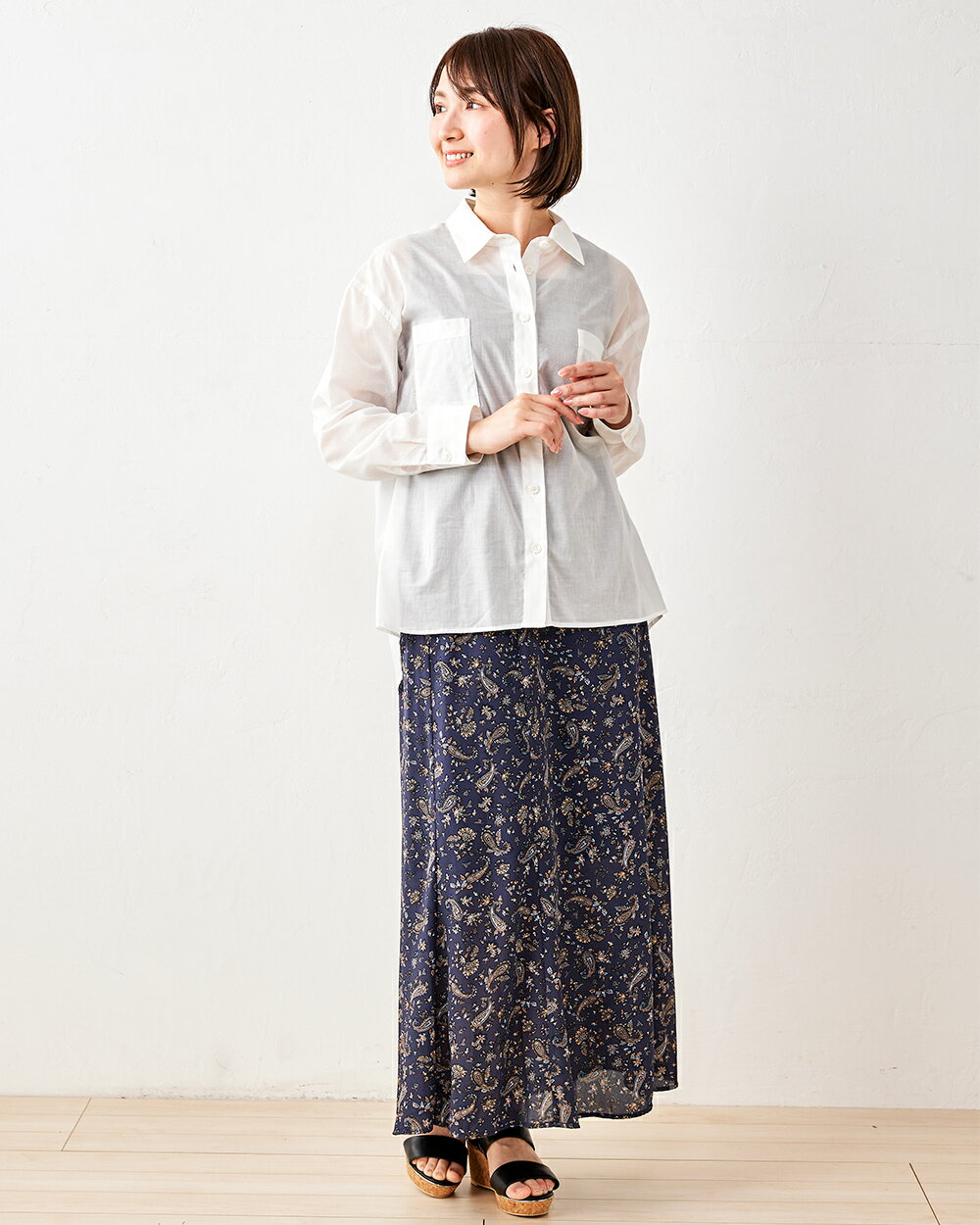 日本製 綿100% レディース シャツ ブラウス トップス シアーシャツ 透け感 長袖 ポケット 3