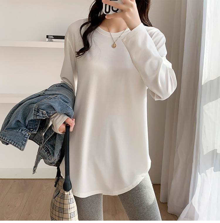 Long-Sleeved - レディース ロンT ミディアム シャツ カットソー 丈長 長袖 ラウンドネック ストレート かわいい 大人可愛い きれいめ シンプル カジュアル 上品 おしゃれ かっこいい こなれ感 ラフ ボーイッシュ 無地 春 夏 秋 冬 オールシーズン 白 黒 ピンク S M L XL 送料無料