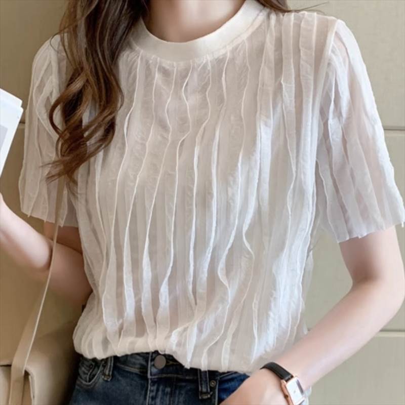 樂天商城 - レディース トップス デート Tシャツ ミディアム丈 袖あり 半袖 ラウンドネック 襟なし スマート プリーツ 透け感 伸縮性 かわいい 大人可愛い きれいめ シンプル カジュアル 上品 おしゃれ お洒落 レトロ 大人女子 こなれ感 ラフ 春 夏 秋 白 黒 S M L XL 2XL 送料無料