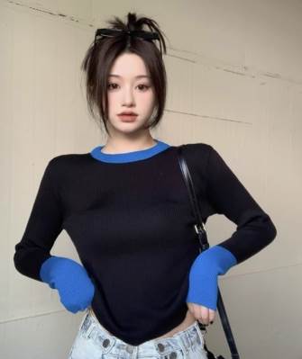 Rakuten - レディース ロンT 長袖 フィンガーデザイン ラウンドネック 襟なし 細身 ストリート バイカラー 中厚手 リブニット シンプル レトロ アジアン クール こなれ感 ラフ ルーズ ヴィンテージ クラシカル 学生風 無地 秋 冬 定番 黒 S M L 送料無料