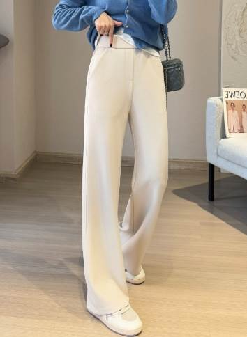 Rakuten - レディース パンツ ジャージ ロング 丈長 スリム ストレート ポケット ハイウエスト ウエストゴム 伸縮性 中厚手 きれいめ シンプル カジュアル おしゃれ かっこいい こなれ感 都会的 ベーシック 無地 定番 春 クリーム 黒 グレー S M L 送料無料