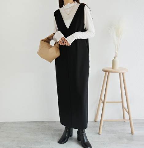 乐天商城 - レディース ワンピース ロング丈 袖なし Vネック ストレート 中厚手 きれいめ シンプル おしゃれ こなれ感 ラフ ベーシック ナチュラル ガーリー エレガント 無地 定番 韓国 春 夏 秋 冬 黒 グレー ネイビー ベージュ M L 送料無料