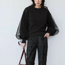 レディース トップス トレーナー 長袖 ラウンドネック ドロップショルダー バルーン袖 襟なし 切り替え ボリューム袖 薄手 ミディアム丈 異素材ミックス シアー 大人可愛い きれいめ シンプル 秋 冬 ベーシック ナチュラル エレガント 送料無料 黒 シャンパン フリーサイズ