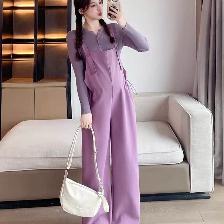 レディース カットソー サロペット 2点セット 長袖 ラウンドネック ハーフボタン ロング丈 大人可愛い おしゃれ オールシーズン ベーシック ナチュラル 送料無料 ゆるシルエット オーバーオール ワイド オーバーサイズ レトロ 大人女子 ラフ マニッシュ ベージュ 紫 黒