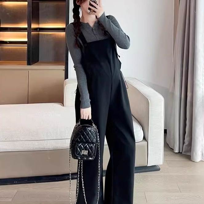 レディース カットソー サロペット 2点セット 長袖 ラウンドネック ハーフボタン ロング丈 大人可愛い おしゃれ オールシーズン ベーシック ナチュラル 送料無料 ゆるシルエット オーバーオール ワイド オーバーサイズ レトロ 大人女子 ラフ マニッシュ ベージュ 紫 黒