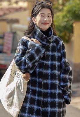 乐天商城 - レディース トップス ジャケット チェック ミモレ 丈長 長袖 ハイネック 襟付き スタンドカラー ワイド オーバーサイズ ふっくら ポケット ボタン 厚手 カジュアル おしゃれ 秋 冬 送料無料