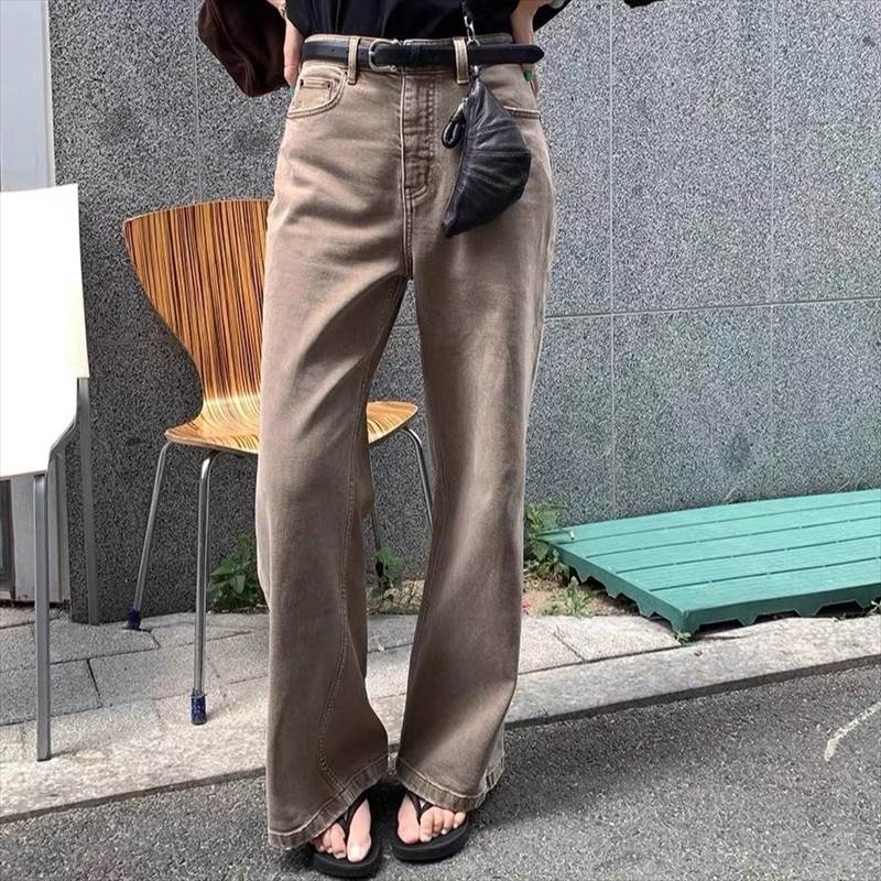 Rakuten - レディース パンツ ロング丈 デニム ストレート 細身 きれいめ カジュアル 大人可愛い ボーイッシュ おしゃれ 着痩せ スタイルアップ オールシーズン ボタン ポケット レトロ モダン 定番 韓国 オルチャン クール 都会的 主役級 ブラウン XS S M L XL 送料無料