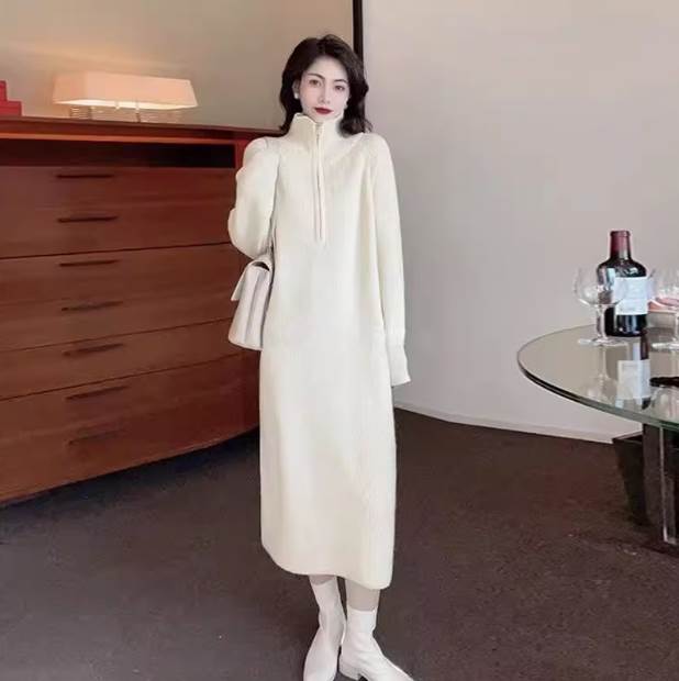Rakuten - レディース ワンピース ニット ロング丈 ストレート ラペルジッパー 長袖 大人可愛い 楽ちん シンプル カジュアル ラフ マニッシュ ボーイッシュ スポーティー ガーリー 個性的 主役級 定番 韓国 アプリコット グレー ブラック ピンク S M L XL 2XL 送料無料