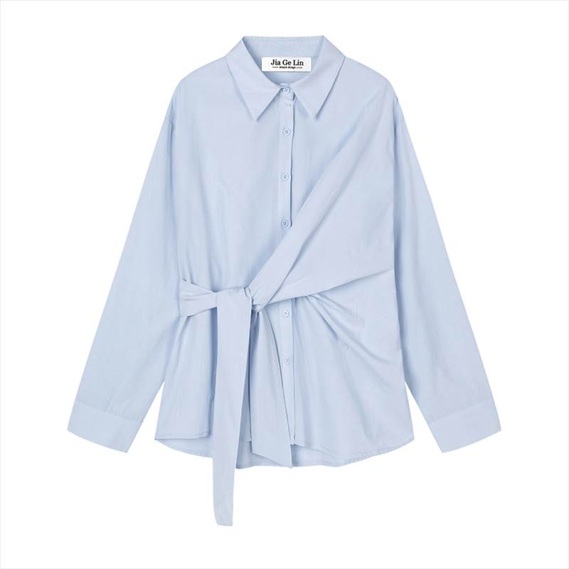 Long-Sleeved - レディース シャツ 長袖 襟付き 前開き ボタン ミディアム丈 ウエストマーク アシンメトリー 大人可愛い きれいめ シンプル 上品 おしゃれ カジュアル こなれ感 個性的 主役級 存在感 抜け感 春 夏 ベーシック ナチュラル 無地 ブルー ホワイト フリーサイズ 送料無料