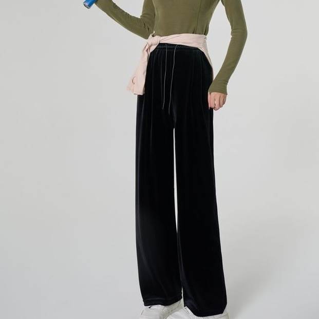 Rakuten - レディース パンツ ズボン ストレート ロング丈 ハイウエスト ウエストゴム ポケット ベルベット 大人可愛い きれいめ シンプル 上品 おしゃれ かっこいい カジュアル 秋 冬 定番 韓国 ベーシック ナチュラル クール ブラック ブルー ダークブラウン M L XL 送料無料
