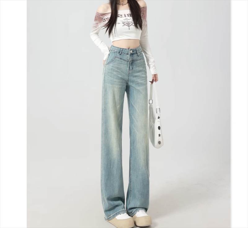 Rakuten - レディース パンツ ボトムス デート Gパン ズボン ストレートパンツ デニムパンツ ロング ロング丈 袖あり ストレート ワイド Iライン ファスナー ポケット 伸縮性 デニム ブルーデニム かわいい 大人可愛い きれいめ シンプル カジュアル 上品 おしゃれ お洒落 レトロ
