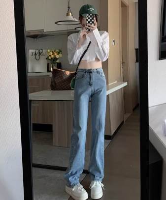 Straight Jeans - レディースパンツ デニムパンツ ジーパン ロング丈 丈長 スリムパンツ ストレートジーンズ Iライン ハイウエスト カラーデニム 無地 シンプル カジュアル メンズライク 個性的 アメカジ ストリート 学生 通学 秋 冬 オールシーズン XS S M L XL 大きいサイズ 青 黒 送料無料