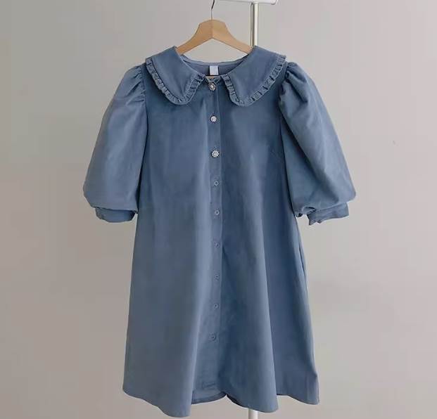 レディース スカート ワンピース シャツ 前開き ミニ丈 膝上 五分袖 半袖 ボリューム袖 丸襟 ピーターパン襟 スリム セミフレア プリーツ レース ベルト クラシック レトロ 異国風 シンプル リラックス モード 大人カラー 黒 ブルー S M L XL 小さいサイズ 送料無料