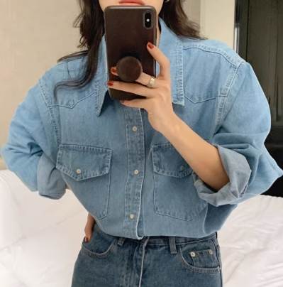 Long-Sleeved - レディース トップス シャツ デニム 長袖 襟付き 前開き スナップボタン 中厚手 マニッシュ ボーイッシュ ベーシック 無地 春 夏 秋 ロングシーズン 羽織り アウター 体型カバー 学校 通学 お出かけ アウトドア 韓国ファッション フリーサイズ ライトブルー ブルー 送料無料