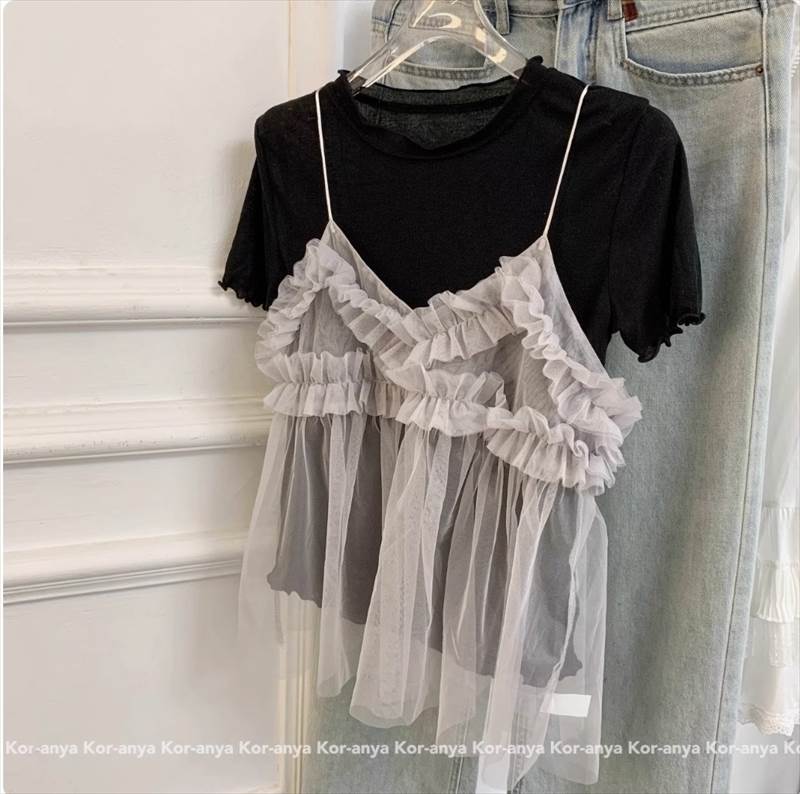 乐天商城 - レディース トップス カットソー デート Tシャツ 白トップス ミディアム丈 袖あり 半袖 ラウンドネック クルーネック 襟なし ワイド 切り替えデザイン スマート レース フリル 透け感 シースルー 伸縮性 薄手 2点セット かわいい 大人可愛い きれいめ シンプル