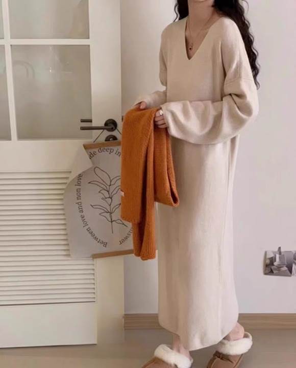 ワンピース ミモレ丈ワンピース 長袖 Vネック プルオーバー ミモレ丈 かわいい 大人可愛い きれいめ シンプル 上品 おしゃれ カジュアル こなれ感 個性的 ラフ ルーズ 主役級 存在感 抜け感 秋 冬 ベーシック ナチュラル フェミニン 清楚 無地 女性用 レディース ママ