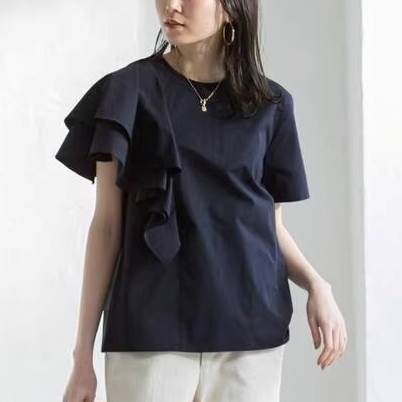 Rakuten - トップス カットソー Tシャツ 半袖 ラウンドネック 袖フリル プルオーバー ミディアム丈 アシンメトリー かわいい 大人可愛い きれいめ シンプル 上品 おしゃれ かっこいい カジュアル こなれ感 個性的 主役級 存在感 抜け感 春 夏 ベーシック ナチュラル フェミニン