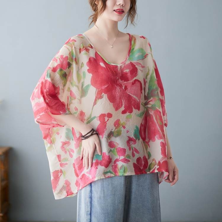 乐天商城 - トップス カットソー Tシャツ 5分袖 Vネック プルオーバー ミディアム丈 かわいい 大人可愛い きれいめ シンプル 上品 おしゃれ かっこいい カジュアル こなれ感 個性的 主役級 ラフ ルーズ 存在感 抜け感 ベーシック ナチュラル キュート エレガント 花柄 女性用