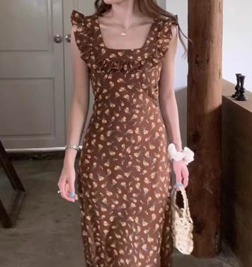 乐天商城 - 花柄ワンピース レディース フリル袖 春夏 ロングワンピース Vネック スクエアネック 体型カバー 着痩せ 細見え きれいめ カジュアル リゾート デート お出かけ 旅行 20代 30代 40代 50代 ブラック コーヒー S M L XL 送料無料
