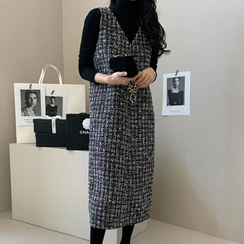 乐天商城 - ワンピース ミモレ丈ワンピース ジャンパースカート Vネック 袖なし ツイート ミモレ丈 かわいい 大人可愛い きれいめ シンプル 上品 レトロ おしゃれ カジュアル こなれ感 個性的 主役級 存在感 抜け感 秋 冬 ベーシック ナチュラル クール モダン 女性用 レディース