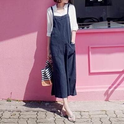 オーバーオール レディース オールインワン 膝下 袖なし ノースリーブ 襟なし ノーカラー ワイド オーバーサイズ ポケット シンプル カジュアル 上品 おしゃれ こなれ感 無地 春 夏 秋 冬 オールシーズン ママ 学生 学校 通学 デート お出かけ アウトドア イベント 旅行