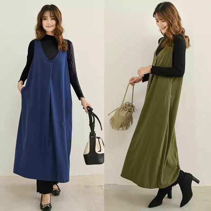 Rakuten - ノースリーブ ロングスカート Vネック ベスト ワンピース レディース スカート ポケット かわいい 大人可愛い きれいめ シンプル カジュアル おしゃれ こなれ感 ラフ 個性的 抜け感 無地 OL 学生 デート お出かけ お泊まり 旅行 女子会 休日 ショッピング ライブ 合コン
