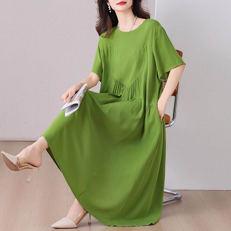 樂天商城 - ワンピース ロングワンピース 半袖 ラウンドネック 切り替えデザイン ロング丈 かわいい 大人可愛い きれいめ シンプル 上品 おしゃれ カジュアル こなれ感 個性的 主役級 ラフ ルーズ 存在感 抜け感 春 夏 ベーシック ナチュラル フェミニン 無地 女性用 レディース