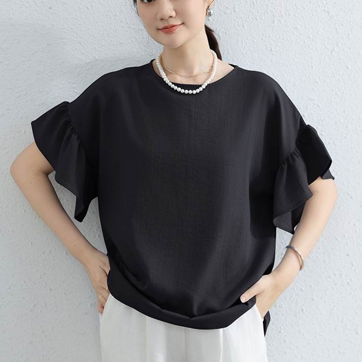 Rakuten - トップス カットソー Tシャツ 5分袖 ラウンドネック プルオーバー 袖フリル ミディアム丈 かわいい 大人可愛い きれいめ シンプル 上品 レトロ おしゃれ かっこいい カジュアル こなれ感 個性的 主役級 存在感 抜け感 ベーシック ナチュラル キュート フェミニン 清楚