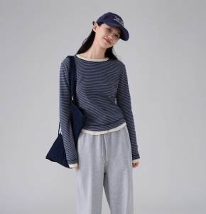 Rakuten - レディース トップス ロンT Tシャツ ミモレ 長袖 ラウンドネック 襟なし ノーカラー スリム ストレート ストリート ヴィンテージ 中厚手 コットン 麻 シンプル カジュアル おしゃれ こなれ感 ラフ マニッシュ ボーイッシュ ベーシック ナチュラル ボーダー ストライプ