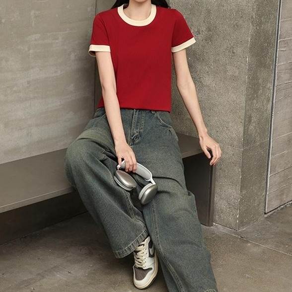 乐天商城 - レディース トップス Tシャツ 半袖 ラウンドネック クルーネック 襟なし ノーカラー バイカラー シンプル カジュアル かっこいい ラフ ボーイッシュ スポーティー 無地 夏 学生 学校 通学 部活 お出かけ アウトドア キャンプ リゾート 旅行 海 レストラン ビーチ ジム