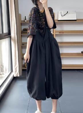 乐天商城 - レディース パンツ ボトムス サロペット ロングパンツ 膝下 8分丈 クロップド丈 丈長 ワイド バルーン ふわふわ ハイウエスト 異国風 ボタン 中厚手 リネン シンプル カジュアル レトロ こなれ感 ラフ ボーイッシュ ルーズ ベーシック ナチュラル 無地 春 夏