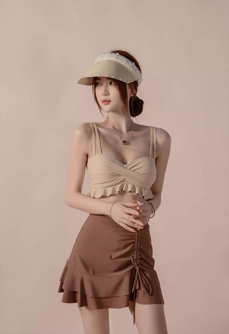 4点セット カバーアップ カバースカート 水着 ビキニ スイムウェア レディース 体型カバー パッド付き 長袖 リボン レース フリル シースルー 伸縮性 シアー セット 上下セット かわいい 大人可愛い シンプル カジュアル ナチュラル おしゃれ お洒落 ガーリー