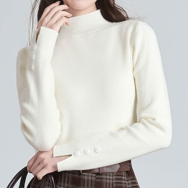 Rakuten - トップス ニットソー 長袖 ハイネック プルオーバー ミディアム丈 袖ボタン 可愛い かわいい 大人可愛い きれいめ シンプル 上品 レトロ おしゃれ かっこいい カジュアル こなれ感 個性的 主役級 存在感 抜け感 春 秋 冬 ベーシック ナチュラル フェミニン 清楚 無地