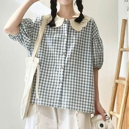 乐天商城 - トップス シャツ 5分袖 ボリューム袖 前開き ボタン ミディアム丈 可愛い かわいい 大人可愛い きれいめ シンプル 上品 レトロ おしゃれ かっこいい カジュアル こなれ感 個性的 主役級 存在感 抜け感 ベーシック ナチュラル エレガント フェミニン ガーリー 清楚 無地
