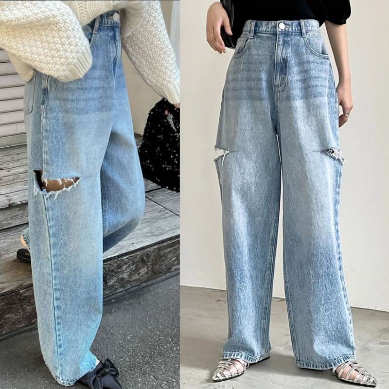 Rakuten - ボトムス ズボン パンツ ロングパンツ ワイドパンツ デニムパンツ ハイウエスト ダメージ加工 ポケット 可愛い かわいい 大人可愛い きれいめ シンプル 上品 おしゃれ カジュアル レトロ こなれ感 ラフ ルーズ 個性的 主役級 存在感 抜け感 オールシーズン ベーシック