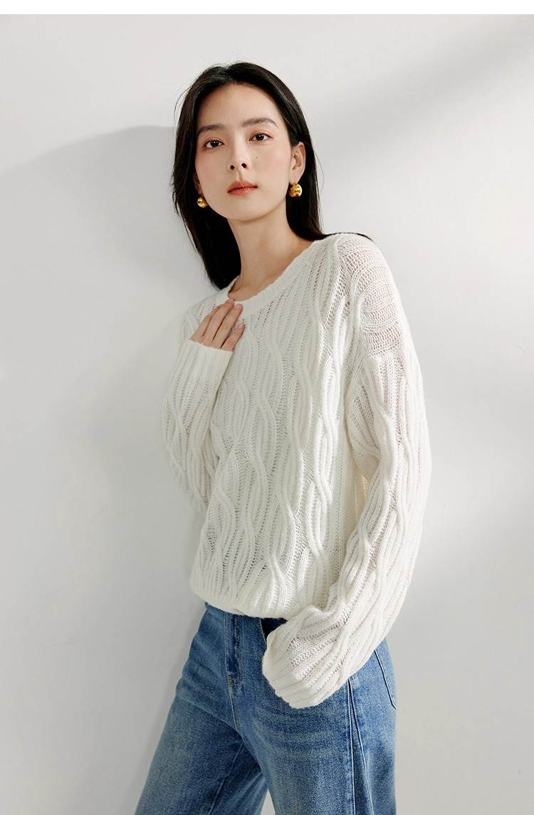 Rakuten - レディース トップス ニット セーター 長袖 ラウンドネック スリム 細身 ストレート フェミニン ケーブルニット 編み込み 中厚手 ニット ケーブルニット かわいい 大人可愛い きれいめ シンプル 上品 おしゃれ こなれ感 ガーリー モード系 エレガント 主役級 キュート