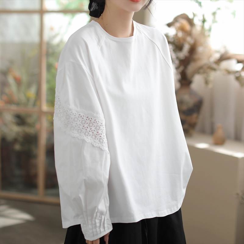Rakuten - レディース トップス ロンT プルオーバー Tシャツ 長袖 ボリューム袖 ドロップショルダー クルーネック 襟なし ノーカラー 切り替え タック レース 透け感 切り替えデザイン 大人可愛い シンプル カジュアル 上品 おしゃれ こなれ感 抜け感 ナチュラル 春 秋 ママ