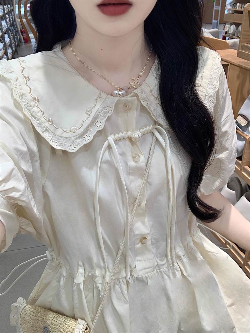 レディース スカート ワンピース シャツ ブラウス オールインワン ドレス シャツワンピ フレアスカート 膝丈 ミモレ 半袖 5分袖 パフスリーブ Uネック 襟付き 角襟 フレア セミフレア Aライン セーラー風 フェミニン タック 刺繍 ウエストマーク ふっくら セーラー風