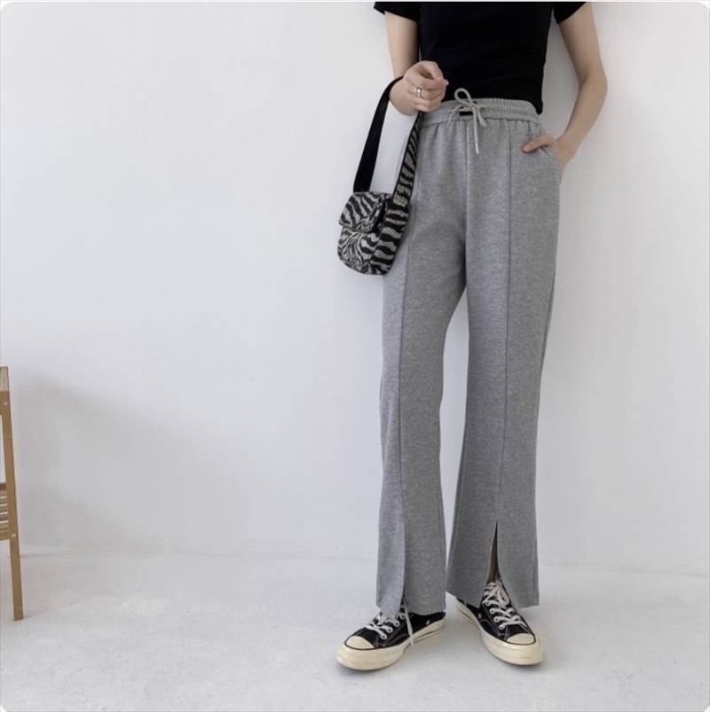 乐天商城 - レディース パンツ ボトムス デート スウェット ストレートパンツ ロング ロング丈 セミフレア Iライン 切り替えデザイン スマート スリット ポケット ウエストゴム 伸縮性 かわいい 大人可愛い きれいめ シンプル カジュアル 上品 おしゃれ お洒落 レトロ 大人女子