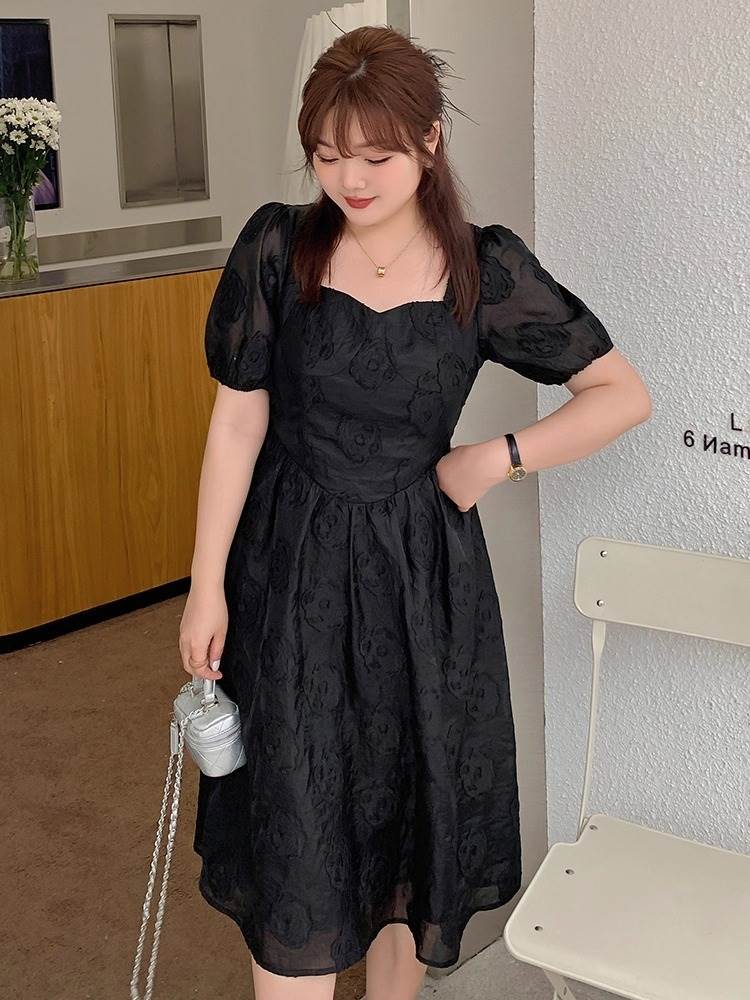 レディース スカート ワンピース ドレス フレア フレアスカート 膝丈 ミモレ 半袖 5分袖 パフスリーブ スクエアネック フレア セミフレア Aライン フェミニン レース 刺繍 シフォン ウエストマーク 透け感 シースルー コンサバ かわいい きれいめ 上品 おしゃれ