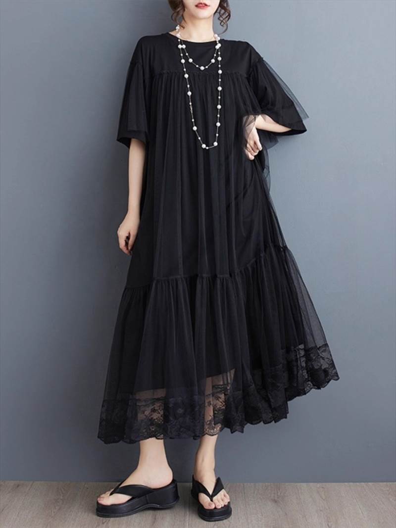レディース スカート ワンピース ドレス フレア フレアスカート レーススカート ロング マキシ 丈長 半袖 5分袖 フレアスリーブ ラウンドネック フレア セミフレア Aライン ドッキング フェミニン レース 刺繍 シフォン フリル ふわふわ レースアップ 透け感 シースルー